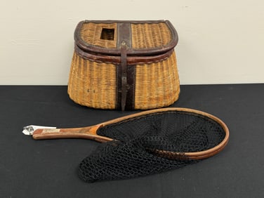 Early Fishing Creel with Leather Trim & Trout Net