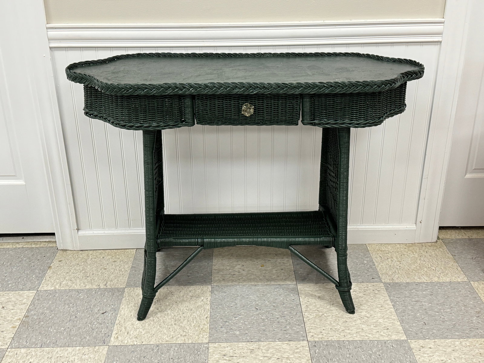 Green Wicker Porch Stand: with shaped top. 17" x 43" x 30" tall
