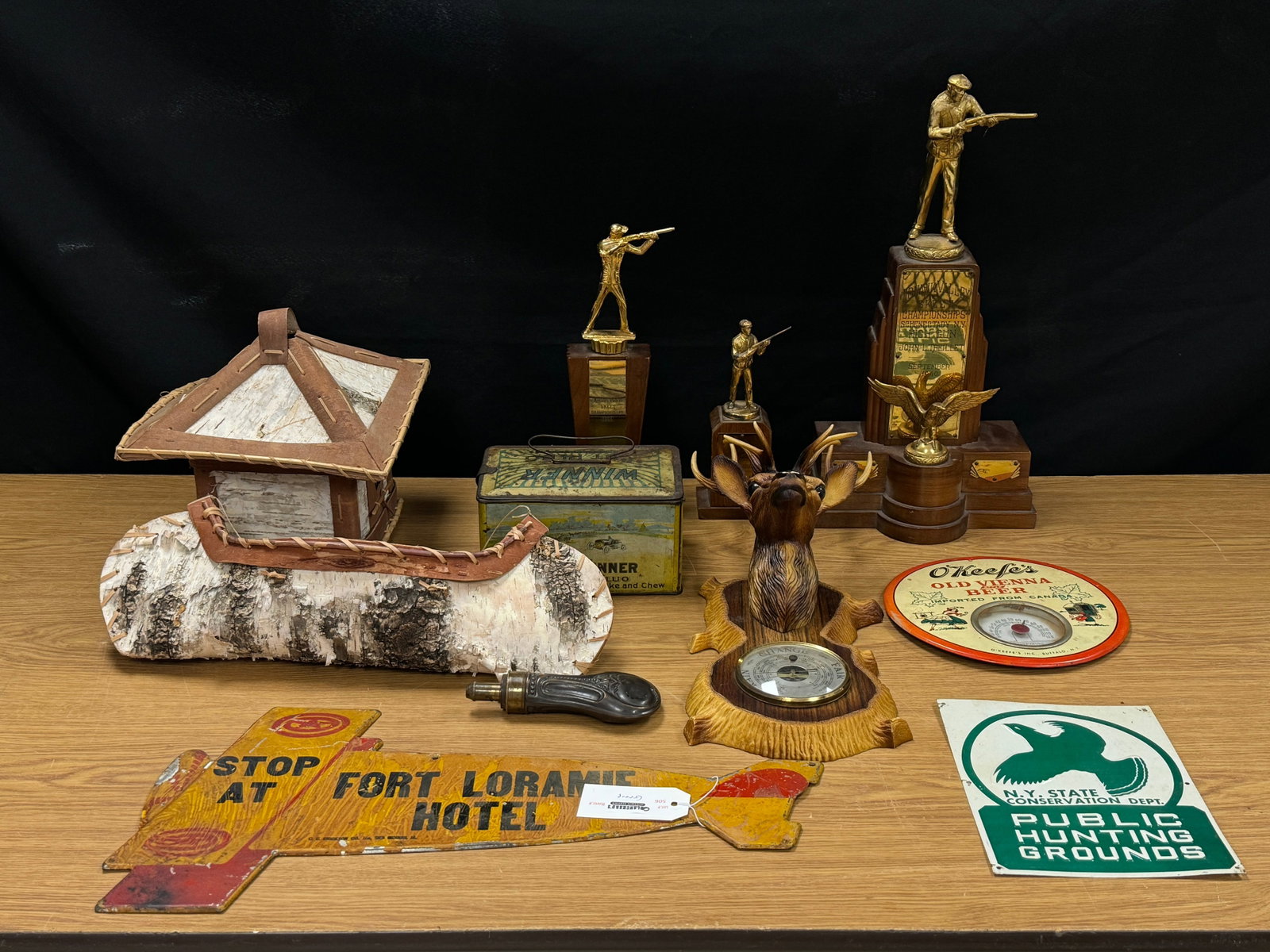 Advertising Signs, Skeet Trophies & Decor: 11 pieces total.