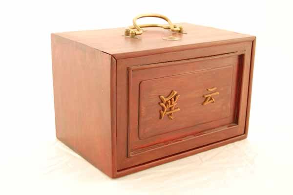 Chinese Game Mahjong Set: Wood case, brass hardware with ivory and bamboo tiles. 5 drawers filled with tiles. Box has a slide front, dovetailed construction. 9 1/2" wide x 6" deep x 6" tall