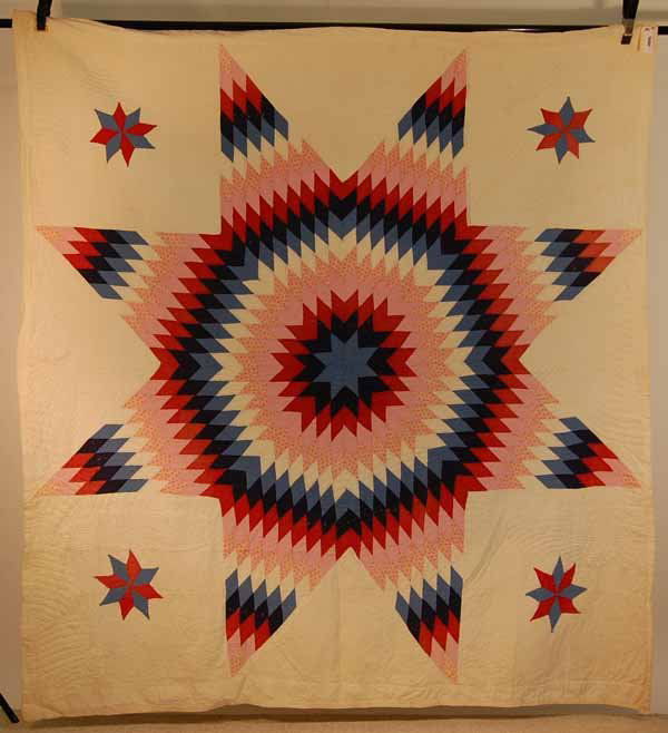 Blazing Star, Lone Star Quilt - 80" x 80": Red, blue, pink on white background
