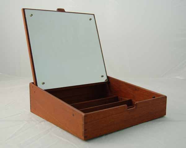 Willy Beck Rosewood Accessory Box with Mirror: with flip top mirror. Labeled Willy Beck, Copenhagen Denmark; 4'' x 12 1/4'' x 11 1/2''