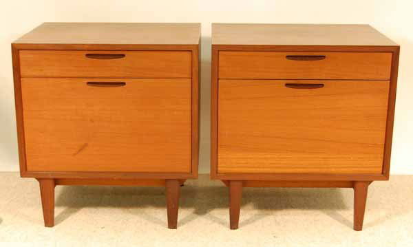 Pair of Brande Mobelfabik J. Clausen Danish Stands: Single drawer and fold down door. Mid Century Modern. 21 3/4" wide x 23 3/4" tall x 17 3/4" deep. One stand has a couple of water spots on top.