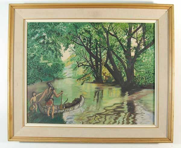 Sawatis - "Look For a Blue Sky" Oil on Canvas: Indians getting in a birch bark canoe. Dated and signed 1980 on back. Site size 23 1/2" x 29 1/2". Overall size 31" x 37"