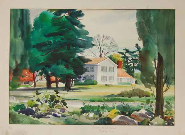 John E. Detore - Watercolor "Brown Gulf Road": White 2 story house with red roof. Unframed. 15" x 21 1/4"