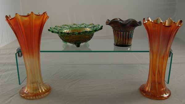 Four Pieces of Norwood Carnival Glass: Two "Wide Rib" Vases, "Lustre Flute" Hat and a "Wild Rose" Footed Bowl