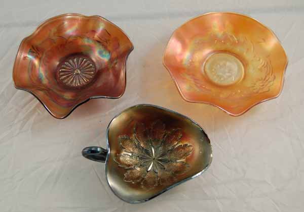 3 Pieces of Dugan Carnival Glass: Two "Triplets" Bowls and a "Leaf Rays" Nappy Spade Shape