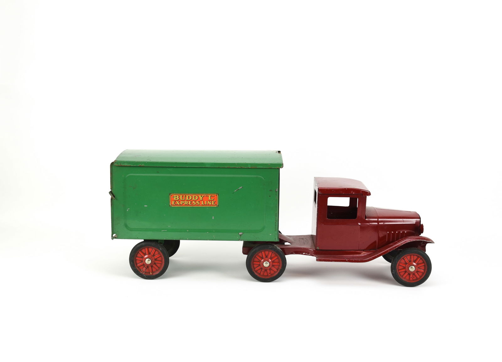 Buddy "L" Express Trailer Truck No.35 with Box: No major damage, some wear and paint scratches. 24" L, 9 1/2" H.