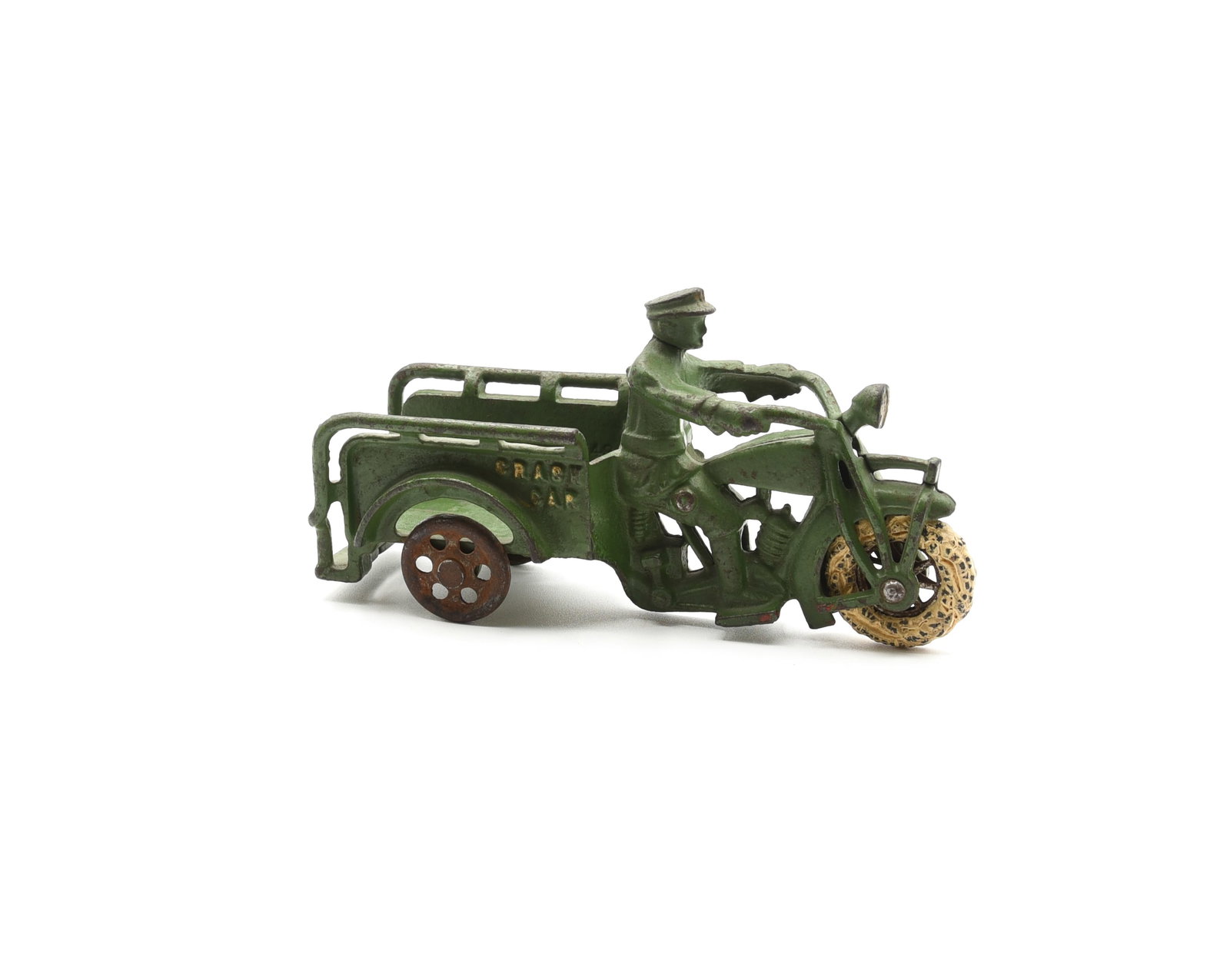 Hubley Indian Crash Car Cast Iron Motorcycle: original green paint, 6 3/4" L. Missing rubber on the back wheels.