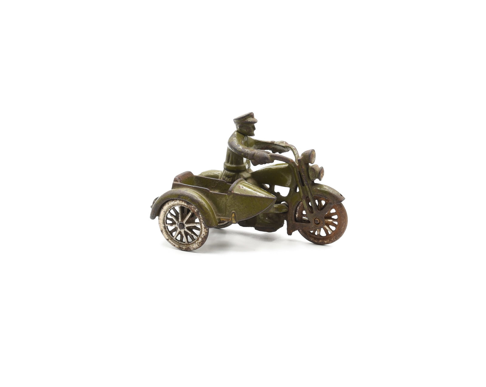 Harley Davidson Cast Iron Police Motorcycle: with side car. 5 1/4" L. Marked Hubley.