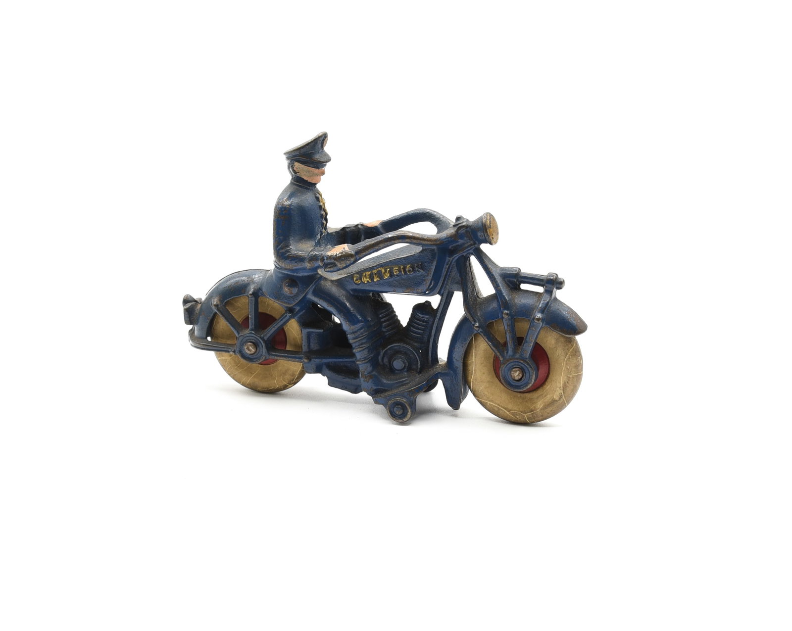 Champion Cast Iron Toy Motorcycle with Policeman: original blue paint. 7 1/4" L.
