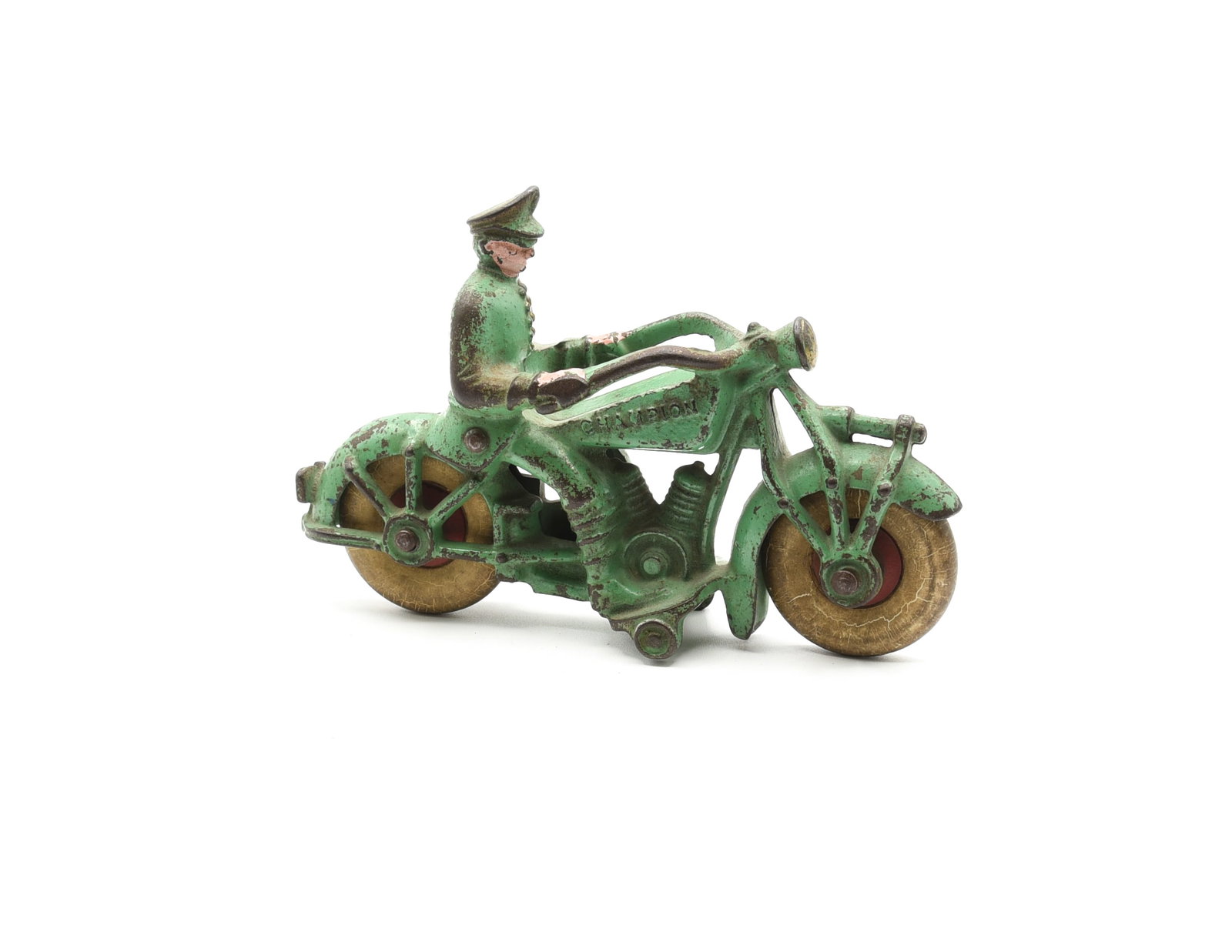 Champion Cast Iron Toy Motorcycle with Policeman: 7 1/4" L. Original green paint