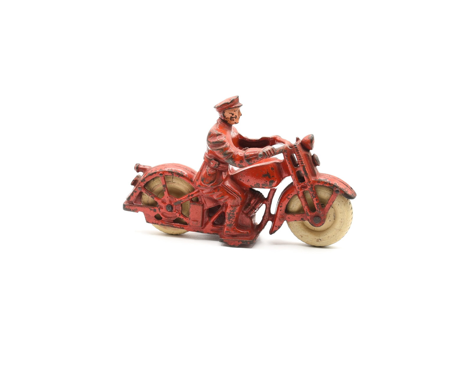 Hubley Cast Iron Patrol Motorcycle Toy: 6 1/2" L. Original red paint.