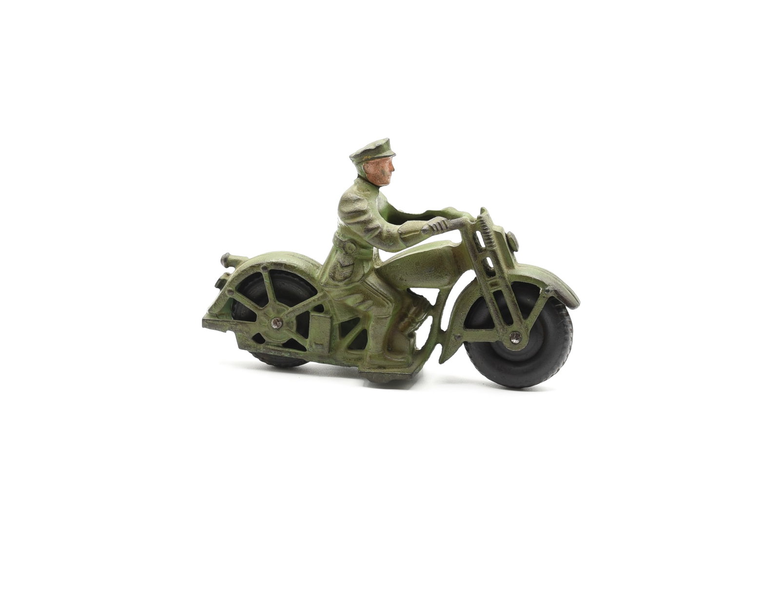 Hubley Cast Iron Patrol Motorcycle Toy: 6 1/2" L. Original Green Paint.