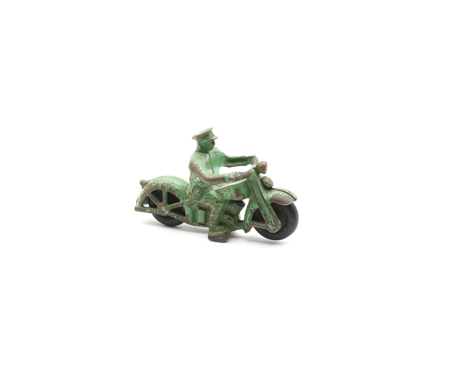 Cast Iron Toy Motorcycle with Police Officer: 4 1/4" L. Original Green Paint.