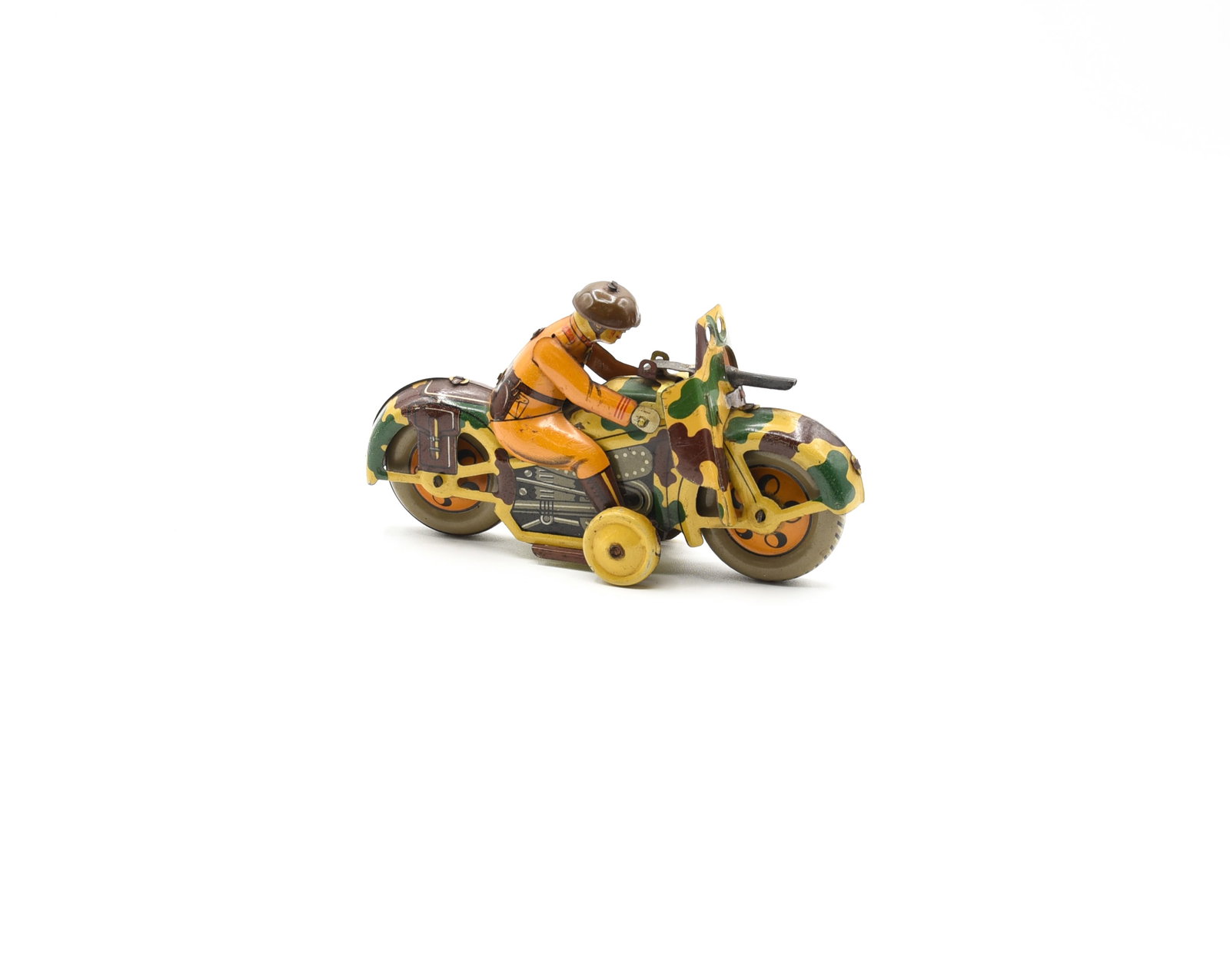 Japanese Military Tin Wind Up Motorcycle: 5 3/4" Long. Overall in good condition, missing key.