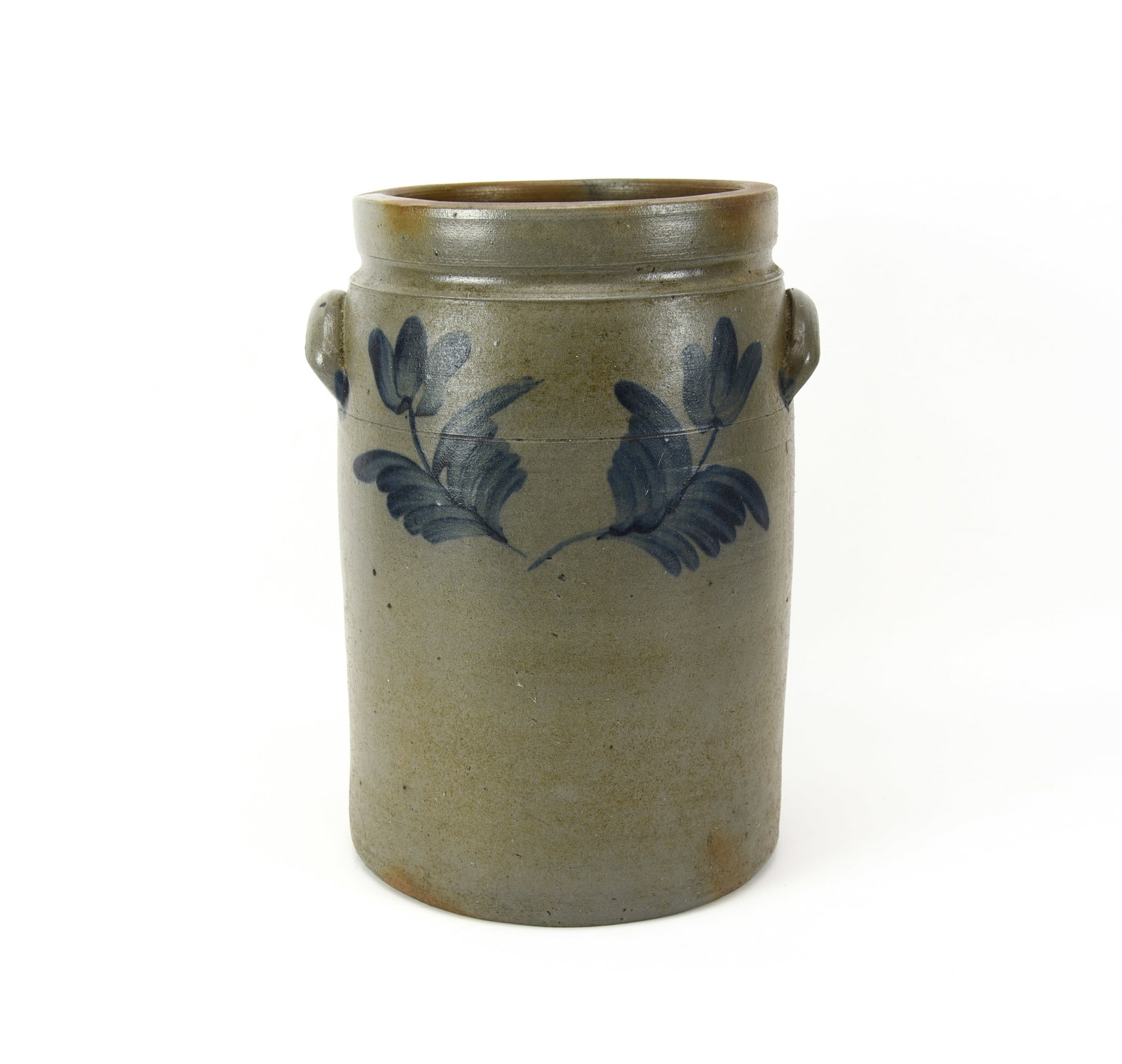 Stoneware Double Earred 3 Gallon Crock: with cobalt blue floral decoration on front and back. 14" tall.