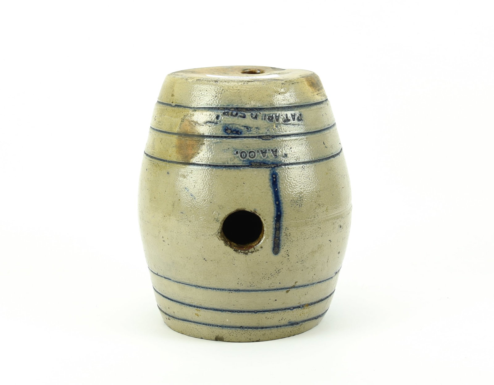 Stoneware Blue Banded Barrell A.A.OO.: good condition. 9 1/4" tall.