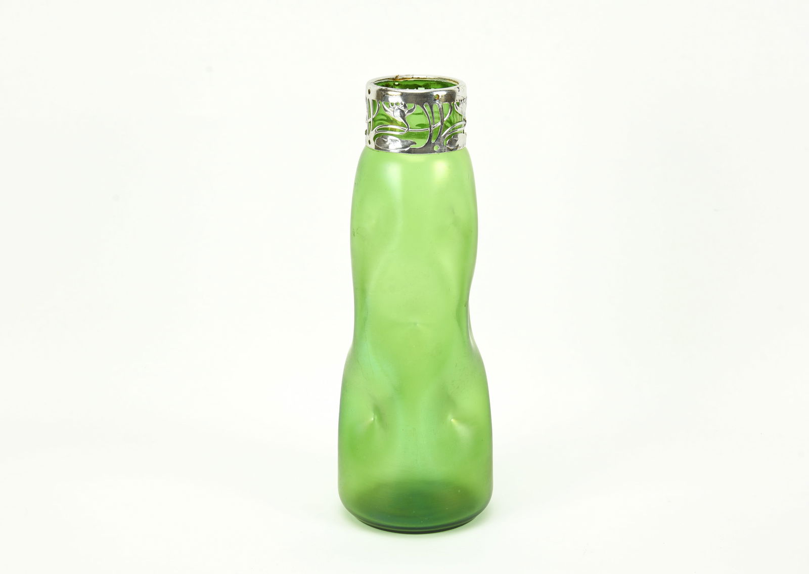 Loetz Green Pinched Glass Vase with Silver Rim (1 of 3)