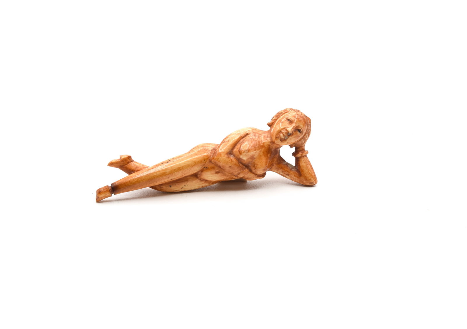 Asian Reclining Nude Snuff Holder: 3 1/4" long. Sits on wooden base. Nestled into an ornately carved wooden holder with snuff spoon connected to her right foot.