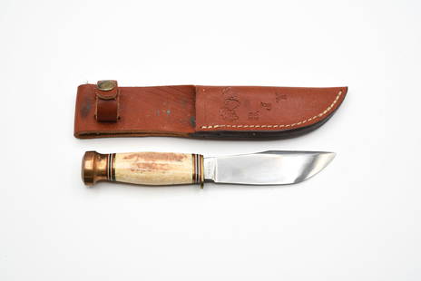 Custom Hunting Knife Made by Robert J Young: 8 1/2" long. Marked RJY. Robert Young was a former knife maker at the Marbles Factory in the 1950s. Comes with leather sheath.