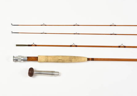 8 1/2' Gillum Salmon Fly Rod: H.S. "Pinky" Gillum was known for his strong-actioned rods, and this 3/2 rod is typical of his light salmon rods. Refurbished by Bob Taylor, now in excellent condition. Featuring lightly flamed bamboo