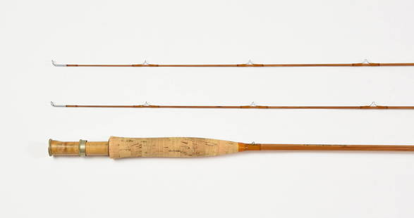 7 1/2' Orvis Impregnated "Far & Fine" Fly Rod: Rated for #5 lines, this 2/2 rod bears serial #87288. The butt curves to the right, and both tips have mild fishing sets. The ferrules are tarnished and need cleaning to seat fully. It comes with the