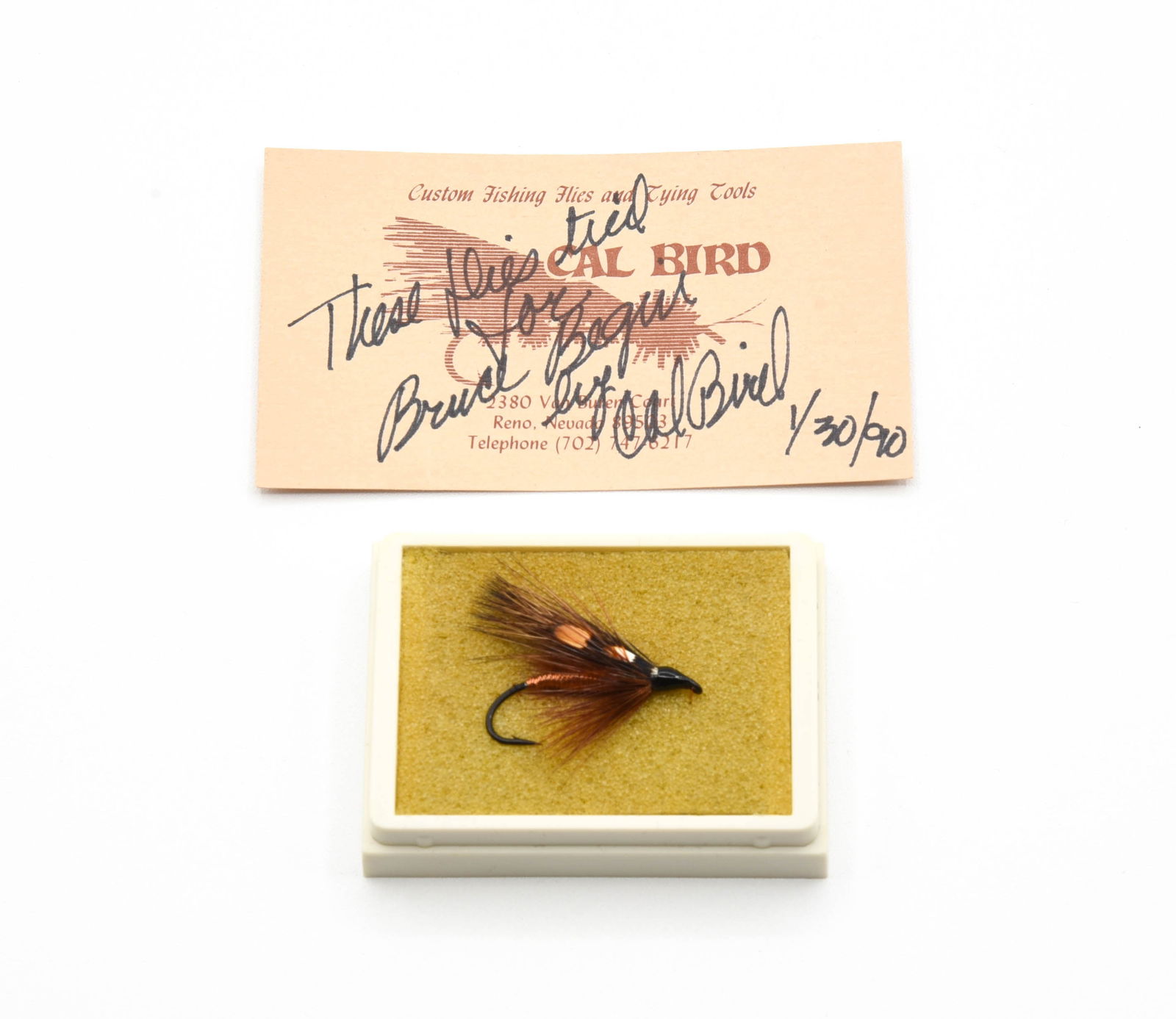Cal Bird's Copper Stonefly: By San Francisco native, Calvert "Cal" Bird, considered one of the finest of the west coast tyers. Innovative and creative with materials and color, Bird designed many unique flies, including this "Bi