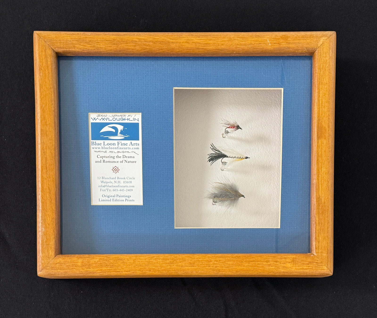 Wayne McLoughlin Framed Flies: Three pristine flies tied by the late lauded 'nature' artist and illustrator for a multitude of national magazines (National Geographic Society, Sports Afield, Scientific American, Esquire, etc.): Way