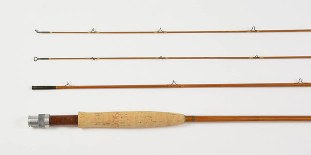 8' H.S. "Pinky" Gillum Trout Rod: Made in the 3/2 format, this rod has been restored and is now in near excellent condition. With lightly flamed bamboo shafts, medium brown wraps, blued ferrules, and a wood reel seat with screw up-loc