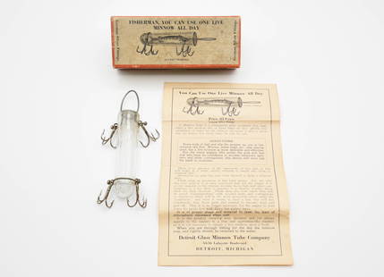 The Detroit Glass Minnow Tube: A very rare early "Patent Pending" combination. Including the 3 3/8" minnow tube with marked "Detroit Glass Minnow Tube Co." sliding aluminum cap and all original German silver hardware, Ex- condition