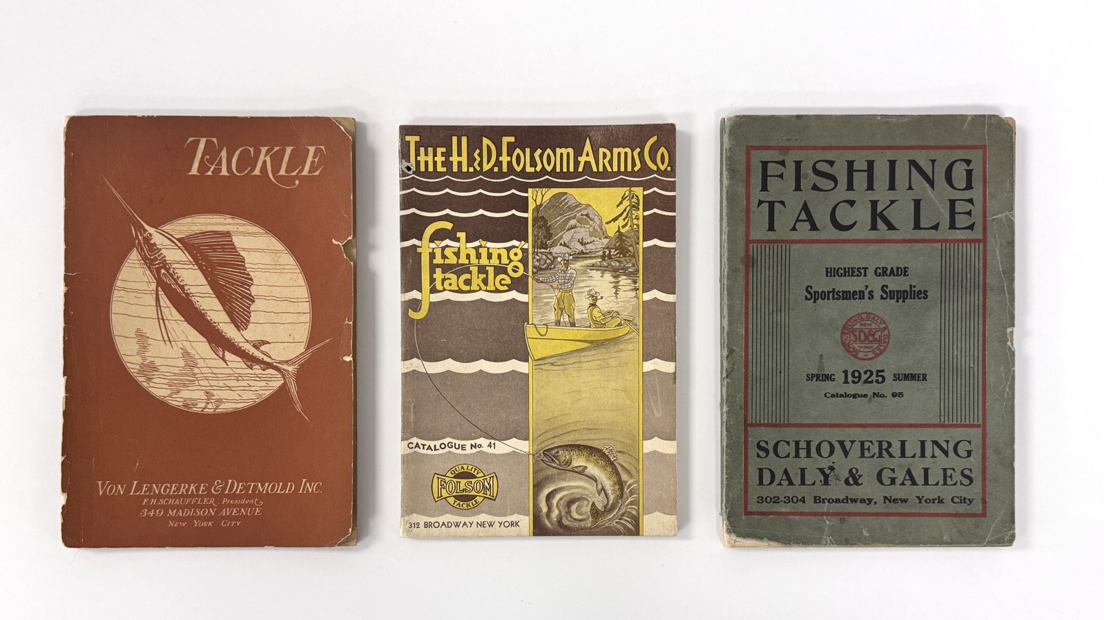 3 Early Fishing Tackle Catalogs: 1925 Schoverling Daly & Gales catalog (181 pgs), 1934 H. & D. Folsom Arms Co. catalog (174 pgs), and a 1923 Von Lengerke & Detmold catalog, 137 pgs plus index and order blanks. All measuring about 9" 
