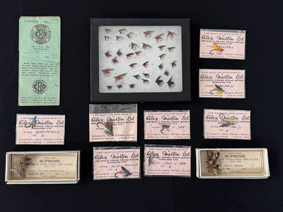 Vintage English Flies: Includes (2) boxes of Supreme Double Wing Eyed Dry Flies (complete with the flies on a card), (8) Alex Martin individual flies, still sealed with the original marked card, (2) Reuben Wood pattern snel