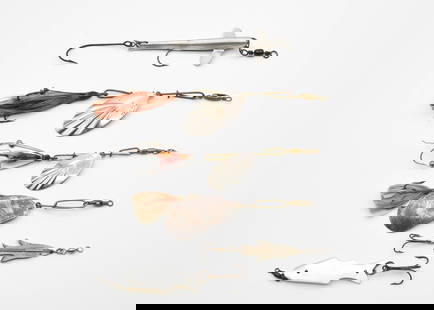 6 Early Spinners: Includes a No. 2 Falcon marked kidney, 3 1/2" Murray's Aluminum Minnow with a PAT'D marked wing, No. 5 V.L.&A. Fluted Bait, No. 4 Premier Fluted Bait with a Bing's weedless hook, small Edgren Minnow a