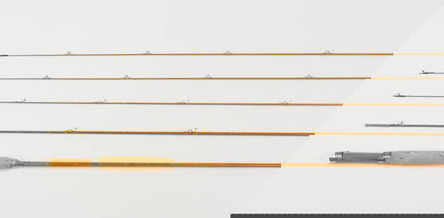 8' Leonard Fairy Catskill Trout Rod: This pre-fire 3-piece, 3-tip rod has been completely restored by Mark Murphy (Leonard Rod Co.) and is now in excellent condition, coming with a 3-tip silk bag and in a bamboo tube with brass caps at b