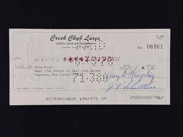 Vintage Creek Chub Signed Bank Check