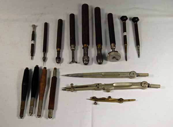 Watchmaker & Jewelers Tools: 16 pieces. including 4 birch patent keys late 1900's.Provenance: from an estate in Middlebury, VT along with a collection of clock, watchmakers and jewelers tools; numerous pocket watches & parts; ear