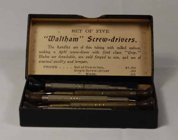 Watchmaker & Jewelers Tools: 5 screwdrivers in a Waltham Screw driver box. Provenance: from an estate in Middlebury, VT along with a collection of clock, watchmakers and jewelers tools; numerous pocket watches & parts; early pock