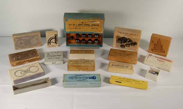Watchmaker / Jewelers Tools - 17 boxed Tools: including main spring winders, hand removers, several sets of calipers and jewel tools. Provenance: from an estate in Middlebury, VT along with a collection of clock, watchmakers and jewelers tools; n
