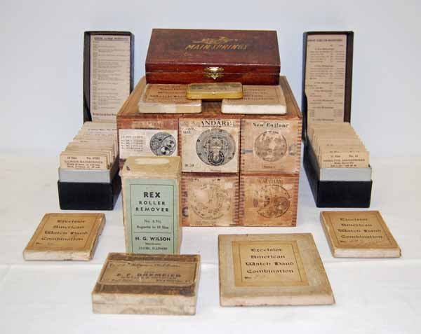 Boxes with Pocket Watch Advertising: along with parts & accessories. Provenance: from an estate in Middlebury, VT along with a collection of clock, watchmakers and jewelers tools; numerous pocket watches & parts; early pocketwatch books 