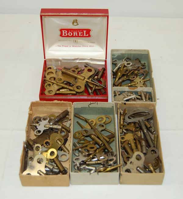 4 Boxes of a Variety of Clock & Watch Keys: Mostly all clock keys.Provenance: from an estate in Middlebury, VT along with a collection of clock, watchmakers and jewelers tools; numerous pocket watches & parts; early pocketwatch books & catalogs