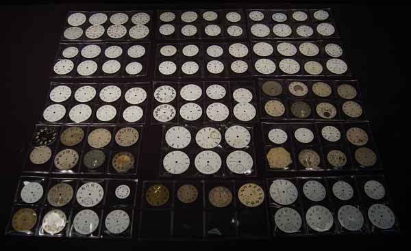 Collection of 114 Pocket Watch Faces: variety of makers including Elgin, Hamilton, Waltham, Illinois, American Watch Co. Provenance: from an estate in Middlebury, VT along with a collection of clock, watchmakers and jewelers tools; numero