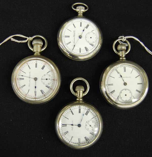 4 Pocket Watches: Trenton Watch Co, Elgin, Hamilton in as found condition. Provenance: from an estate in Middlebury, VT along with a collection of clock, watchmakers and jewelers tools; numerous pocket watches & parts;