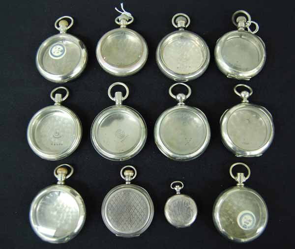 12 Silver Pocket Watch Cases: Provenance: from an estate in Middlebury, VT along with a collection of clock, watchmakers and jewelers tools; numerous pocket watches & parts; early pocketwatch books & catalogs; machinist tools & fo