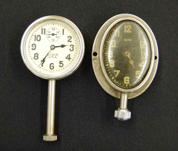 2 Waltham 8 day Automobile Clocks: both with long winding stem in as found condition. Provenance: from an estate in Middlebury, VT along with a collection of clock, watchmakers and jewelers tools; numerous pocket watches & parts; early