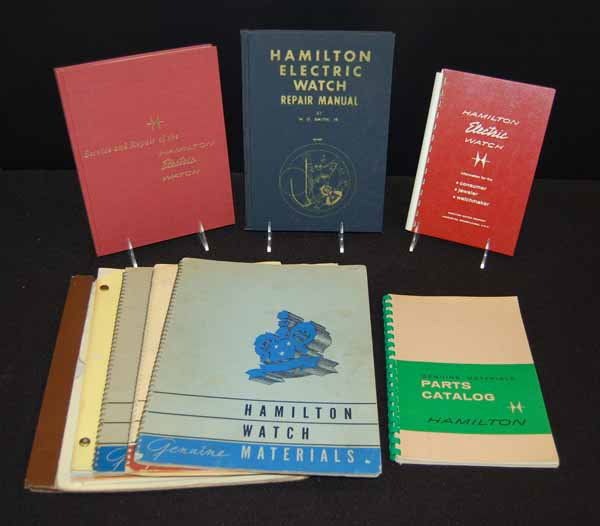 Hamilton Watch Co. Service Books & Catalogs: 9 pieces. Provenance: from an estate in Middlebury, VT along with a collection of clock, watchmakers and jewelers tools; numerous pocket watches & parts; early pocketwatch books & catalogs; machinist