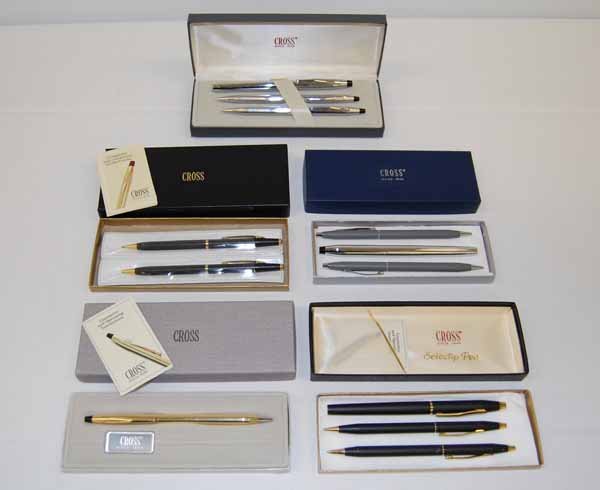 5 Cross Pen Sets: with original boxes. 12 writing instruments. Provenance: from an estate in Middlebury, VT along with a collection of clock, watchmakers and jewelers tools; numerous pocket watches & parts; early pocke