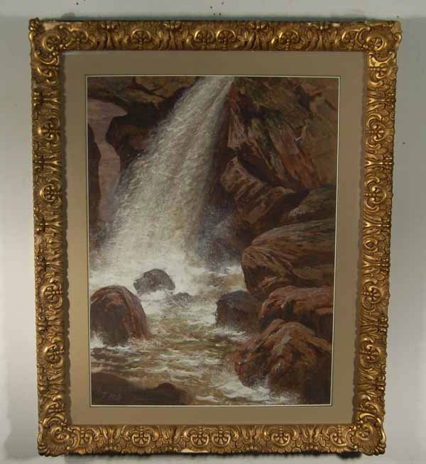 Thomas Hill (1829-1908) Yosemite Painting: Waterfalls. Sight Size 19 1/2" x 26 1/2". Overall size 29" x 35". Framed & double Matted in a heavy gold frame. Provenance: from an upstate NY longtime art collector & Doctor's estate. This is one of