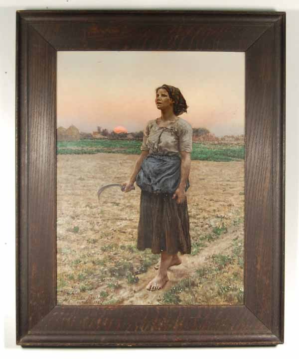 Jules Breton Portrait in an Arts & Crafts Frame: of a woman working in the field. Sight size 14 1/2" x 19 3/4". Overall size 20 1/4" x 25 1/4". Provenance: from an upstate NY longtime art collector & Doctor's estate. This is one of many paintings th