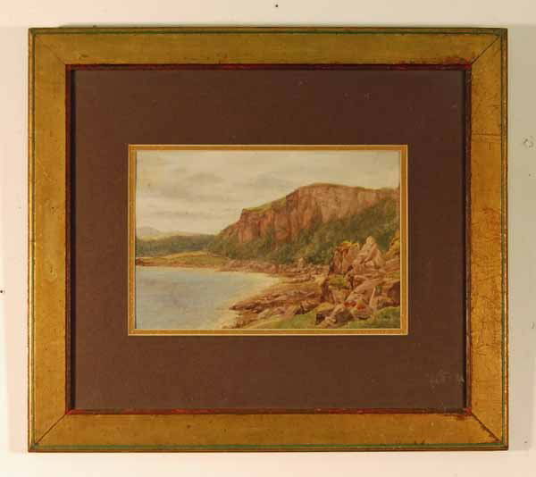 John Frederick Kensett (1816-1872) Watercolor: Contentment Island. Rock ledges & shore line. Sight size 6 1/4" x 9 1/4". Overall size 15" x 17". Provenance: from an upstate NY longtime art collector & Doctor's estate. This is one of many paintings